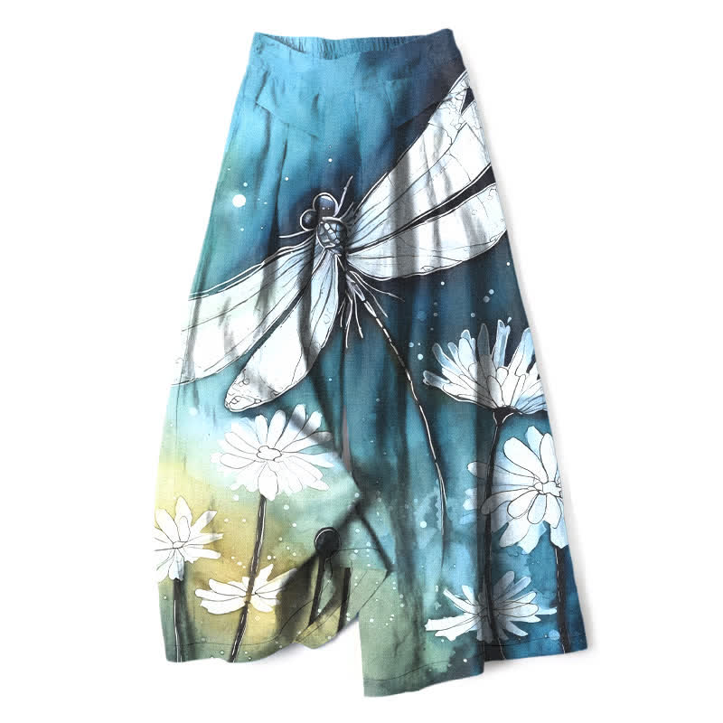Buddha Stones Pantalon large à taille élastique et poches pour femme, en coton et lin, motif libellule et marguerite - Bleu ciel clair - US16，UK/AU20，EU48 (3XL) - image 0