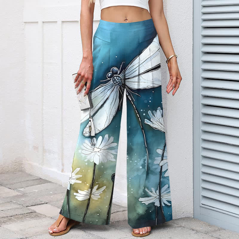 Buddha Stones Pantalon large à taille élastique et poches pour femme, en coton et lin, motif libellule et marguerite - image 1