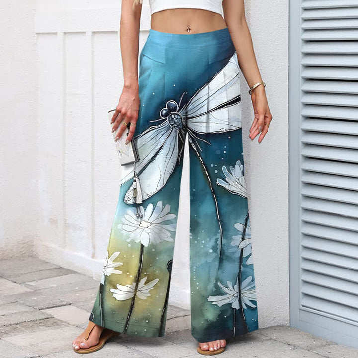 Buddha Stones Pantalon large à taille élastique et poches pour femme, en coton et lin, motif libellule et marguerite - image 1
