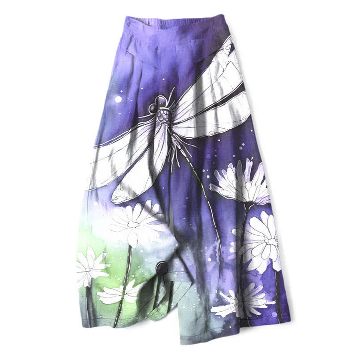 Buddha Stones Pantalon large à taille élastique et poches pour femme, en coton et lin, motif libellule et marguerite - Violet moyen - US16，UK/AU20，EU48 (3XL) - image 4