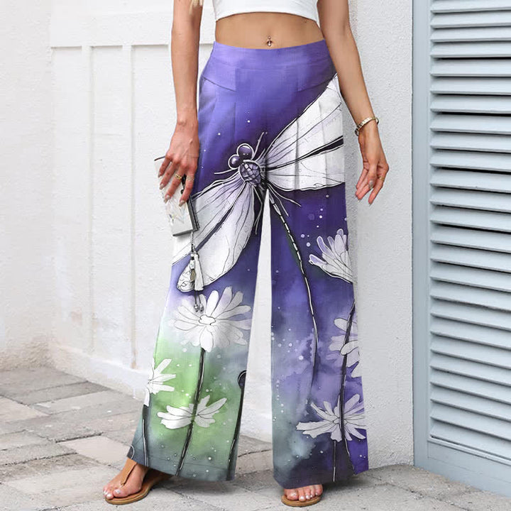 Buddha Stones Pantalon large à taille élastique et poches pour femme, en coton et lin, motif libellule et marguerite - image 5