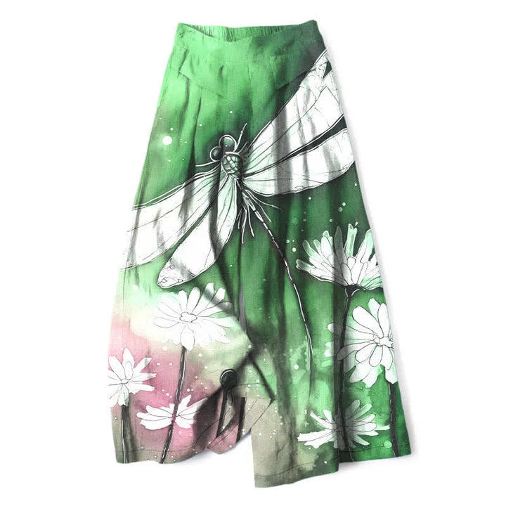 Buddha Stones Pantalon large à taille élastique et poches pour femme, en coton et lin, motif libellule et marguerite - Vert mer moyen - US16，UK/AU20，EU48 (3XL) - image 6
