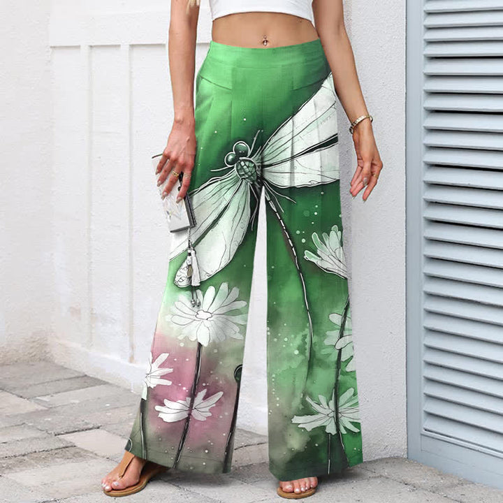 Buddha Stones Pantalon large à taille élastique et poches pour femme, en coton et lin, motif libellule et marguerite - image 7