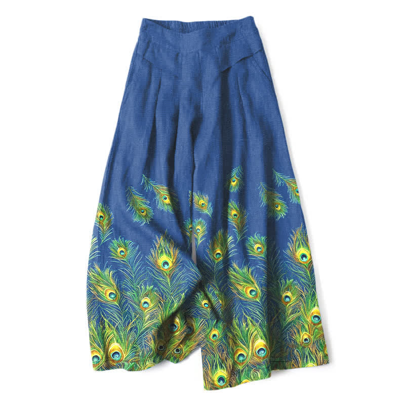 Buddha Stones Pantalon large en coton et lin à motif plumes de paon pour femme, taille élastique et poches - Bleu royal - US16，UK/AU20，EU48 (3XL) - image 0