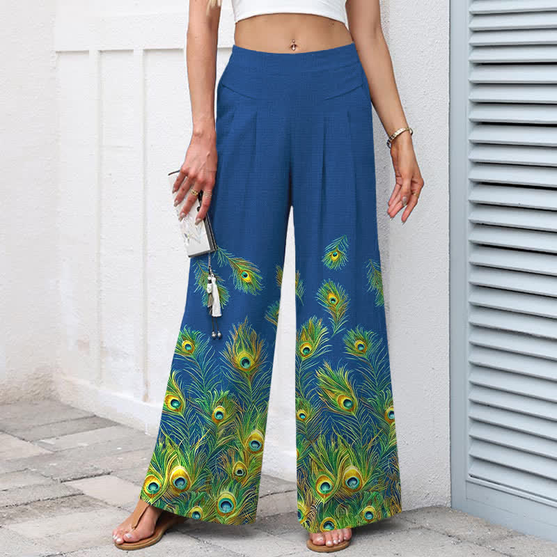Buddha Stones Pantalon large en coton et lin à motif plumes de paon pour femme, taille élastique et poches - image 1
