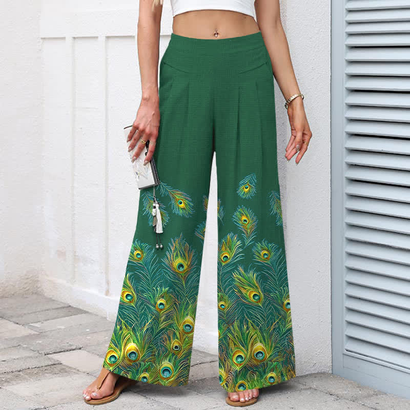 Buddha Stones Pantalon large en coton et lin à motif plumes de paon pour femme, taille élastique et poches - image 5