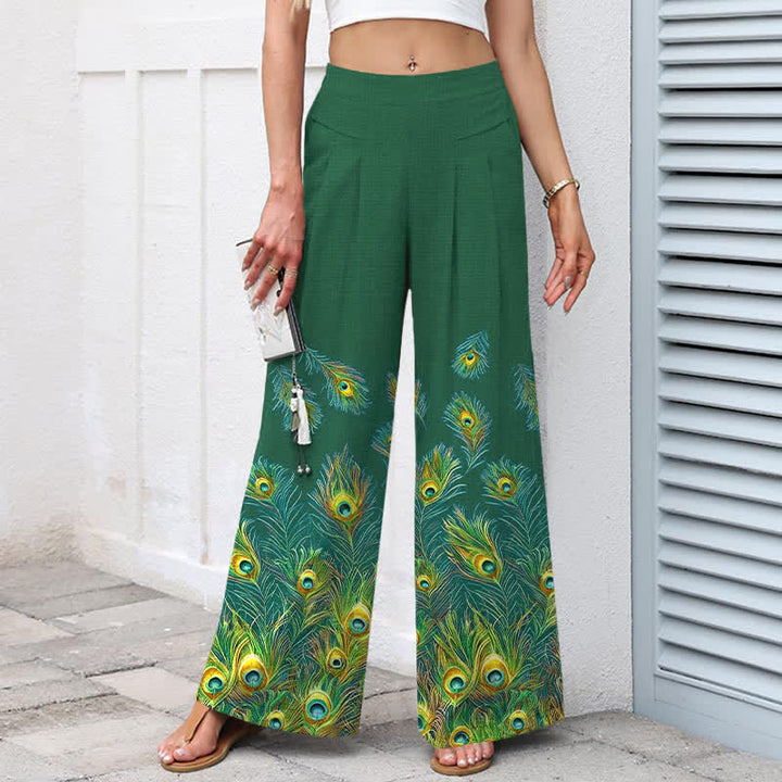 Buddha Stones Pantalon large en coton et lin à motif plumes de paon pour femme, taille élastique et poches - image 5
