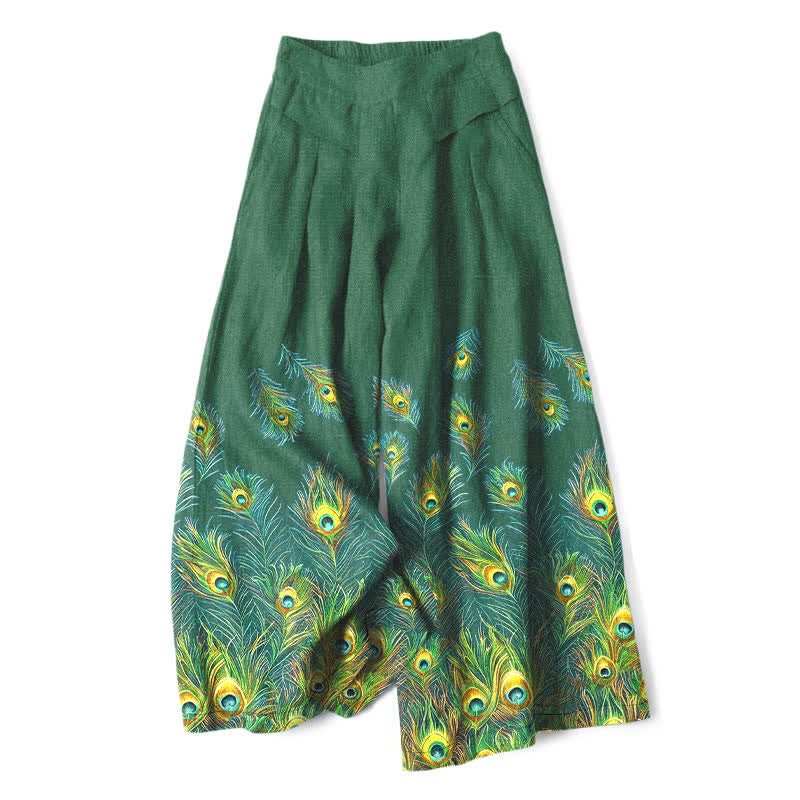 Buddha Stones Pantalon large en coton et lin à motif plumes de paon pour femme, taille élastique et poches - Vert forêt - US16，UK/AU20，EU48 (3XL) - image 4