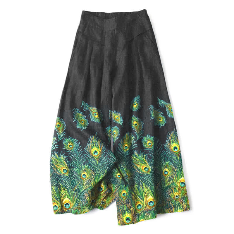 Buddha Stones Pantalon large en coton et lin à motif plumes de paon pour femme, taille élastique et poches - Noir - US16，UK/AU20，EU48 (3XL) - image 6