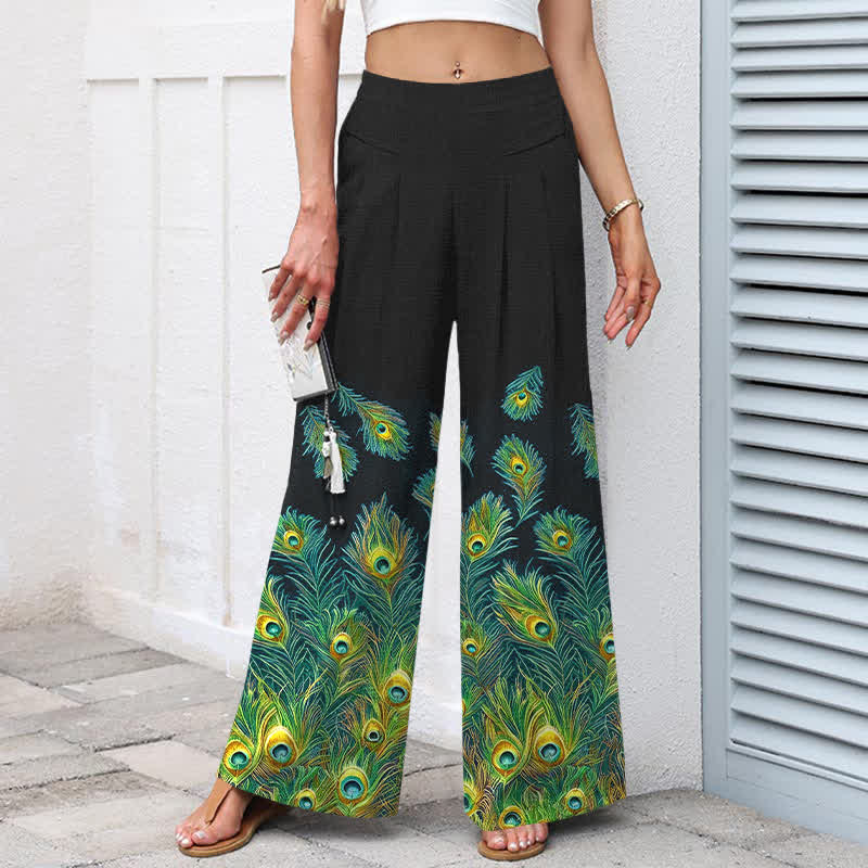 Buddha Stones Pantalon large en coton et lin à motif plumes de paon pour femme, taille élastique et poches - image 7