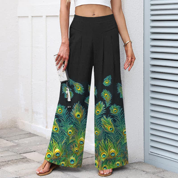 Buddha Stones Pantalon large en coton et lin à motif plumes de paon pour femme, taille élastique et poches - image 7