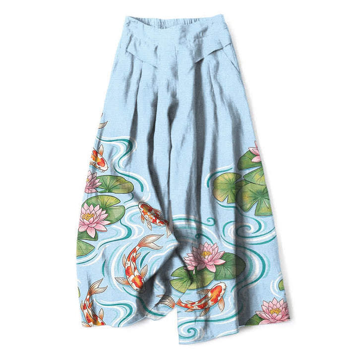 Buddha Stones Pantalon large en coton et lin à motif de carpes koï et de lotus roses, avec poches et taille élastique - Bleu clair - US16，UK/AU20，EU48 (3XL) - image 0