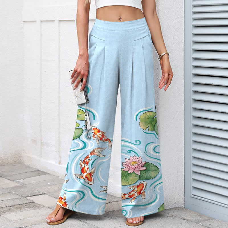 Buddha Stones Pantalon large en coton et lin à motif de carpes koï et de lotus roses, avec poches et taille élastique - image 1