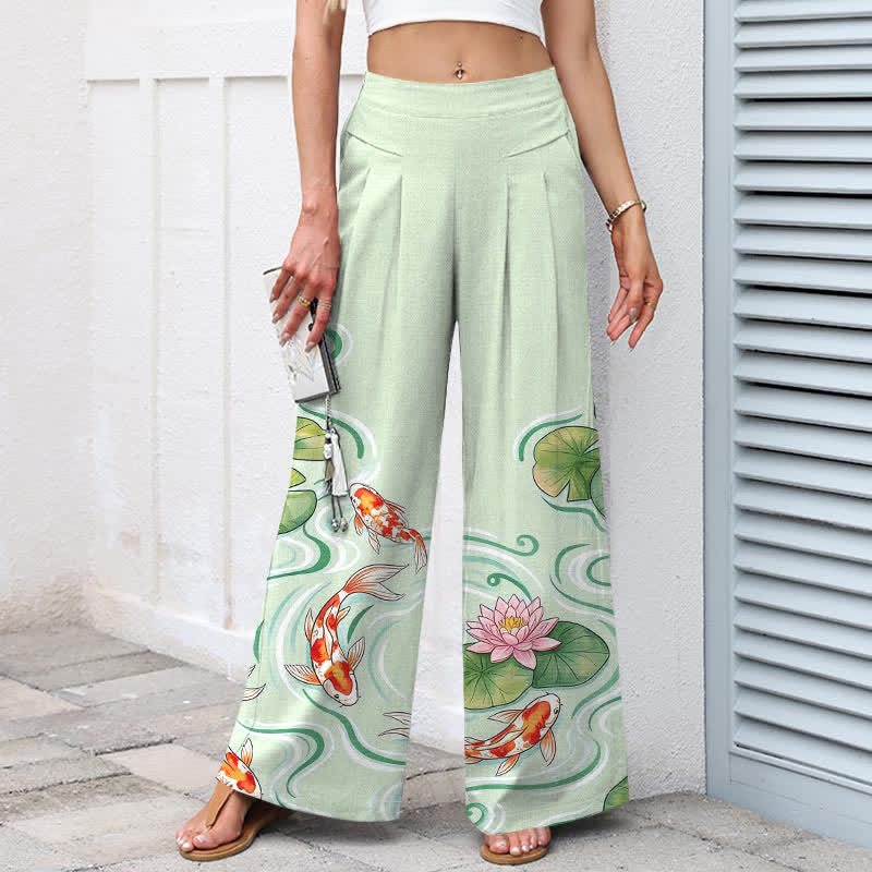 Buddha Stones Pantalon large en coton et lin à motif de carpes koï et de lotus roses, avec poches et taille élastique - image 5