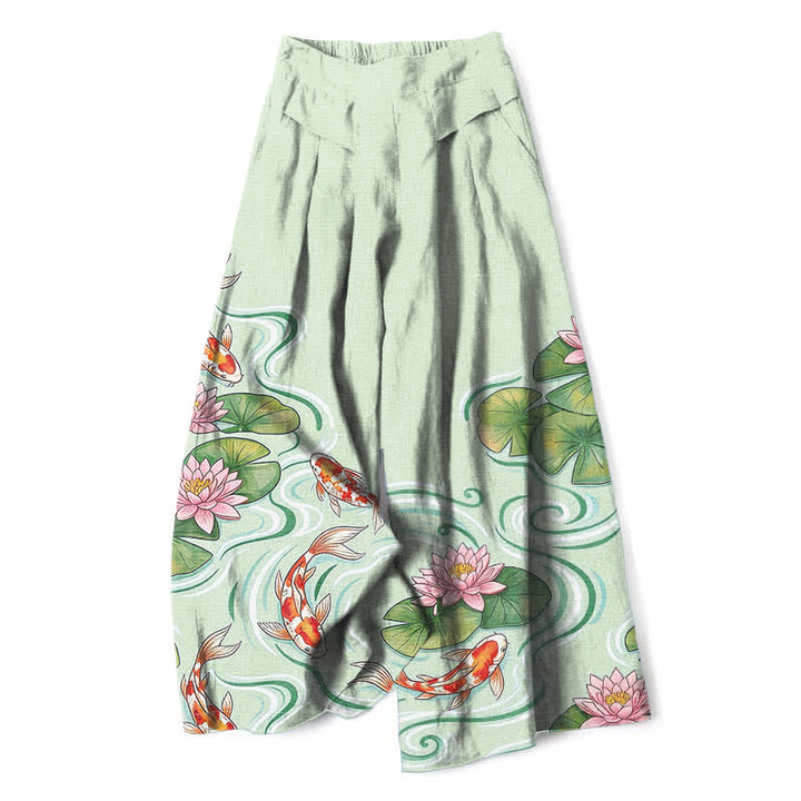 Buddha Stones Pantalon large en coton et lin à motif de carpes koï et de lotus roses, avec poches et taille élastique - Crème à la menthe - US16，UK/AU20，EU48 (3XL) - image 4