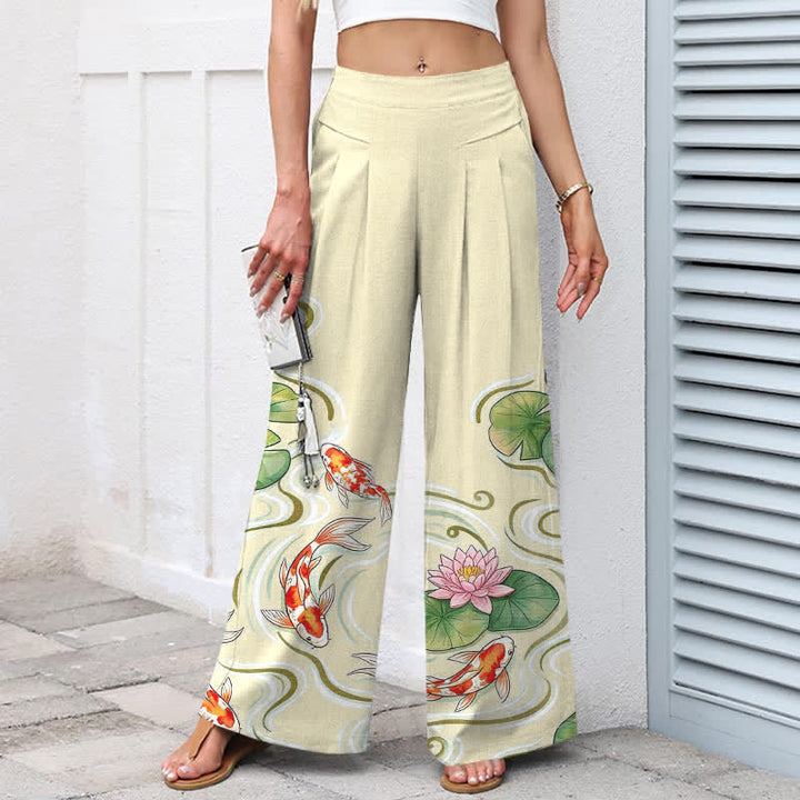 Buddha Stones Pantalon large en coton et lin à motif de carpes koï et de lotus roses, avec poches et taille élastique - image 7
