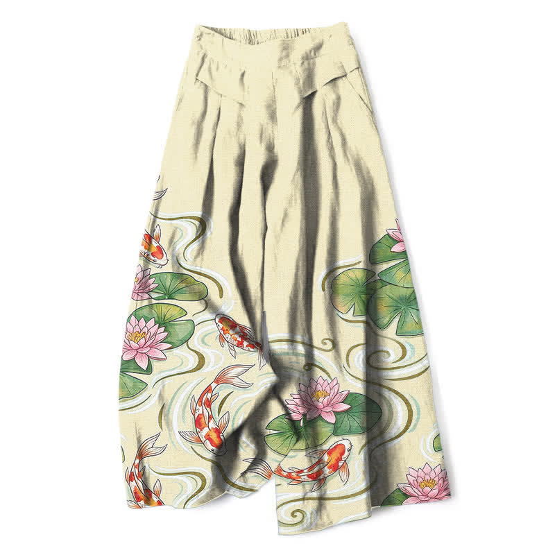 Buddha Stones Pantalon large en coton et lin à motif de carpes koï et de lotus roses, avec poches et taille élastique - soie de maïs - US16，UK/AU20，EU48 (3XL) - image 6