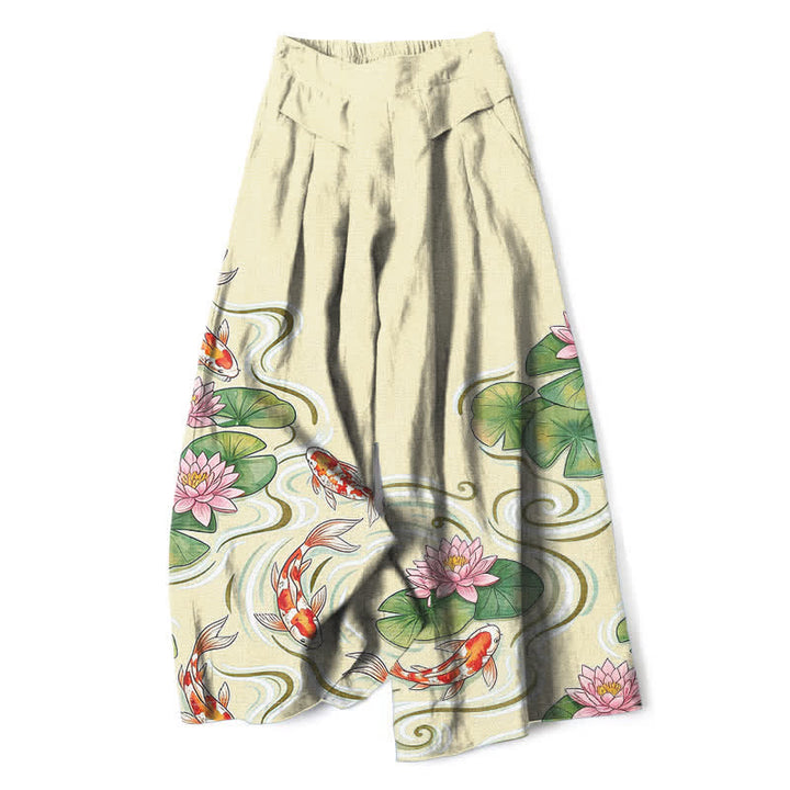 Buddha Stones Pantalon large en coton et lin à motif de carpes koï et de lotus roses, avec poches et taille élastique - soie de maïs - US16，UK/AU20，EU48 (3XL) - image 6