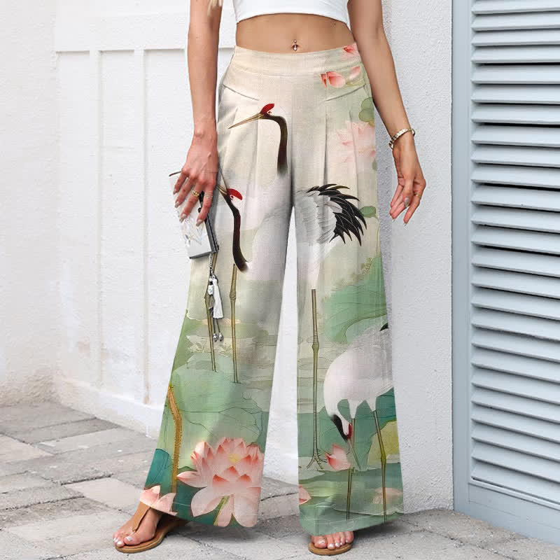 Buddha Stones Pantalon large en coton et lin à motif grues et lotus pour femme, avec taille élastique et poches - image 1