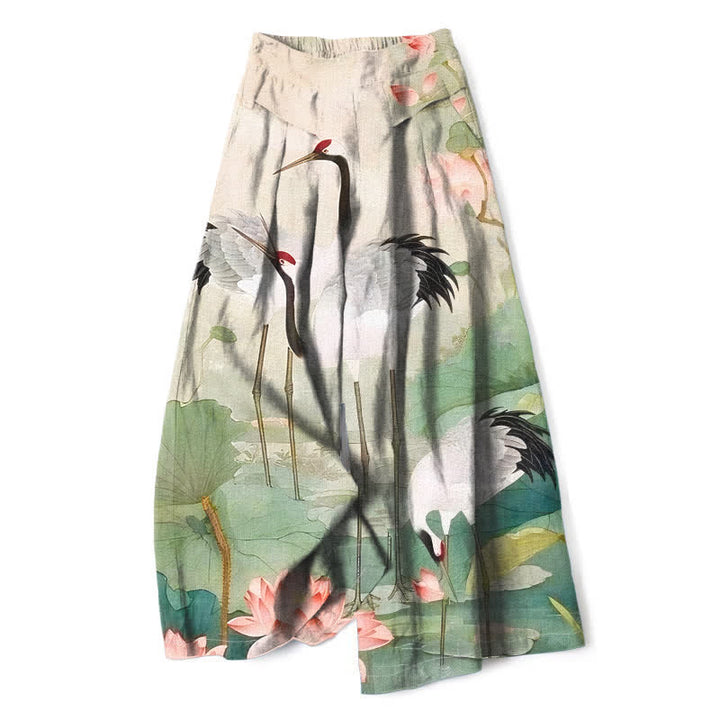 Buddha Stones Pantalon large en coton et lin à motif grues et lotus pour femme, avec taille élastique et poches - Lin - US16，UK/AU20，EU48 (3XL) - image 0