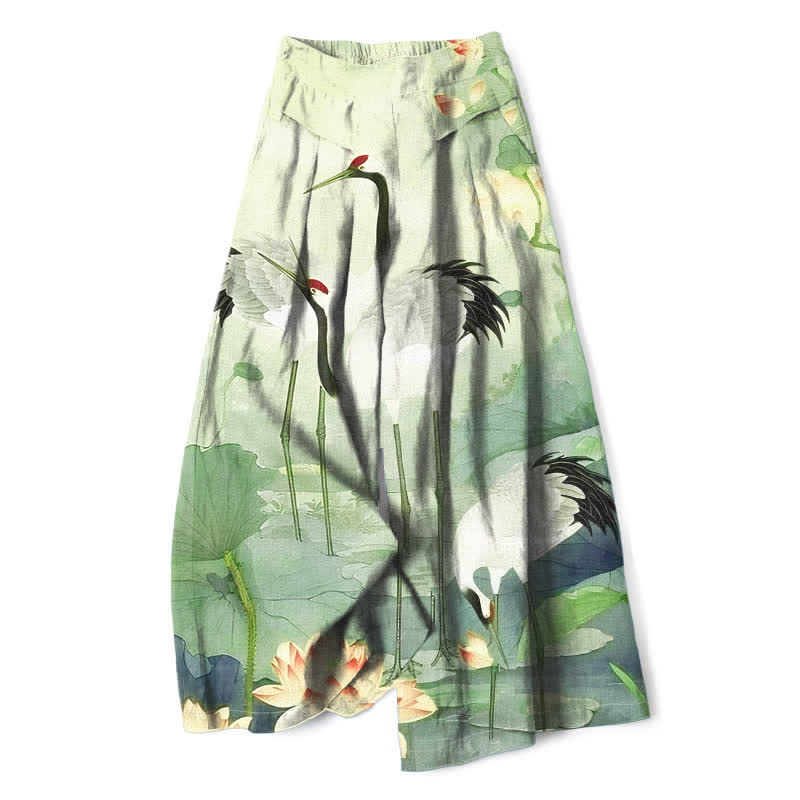 Buddha Stones Pantalon large en coton et lin à motif grues et lotus pour femme, avec taille élastique et poches - Vert pâle - US16，UK/AU20，EU48 (3XL) - image 4