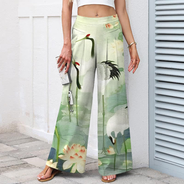 Buddha Stones Pantalon large en coton et lin à motif grues et lotus pour femme, avec taille élastique et poches - image 5