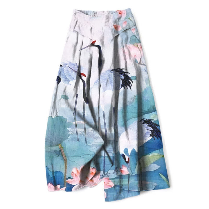 Buddha Stones Pantalon large en coton et lin à motif grues et lotus pour femme, avec taille élastique et poches - Cyan clair - US16，UK/AU20，EU48 (3XL) - image 6
