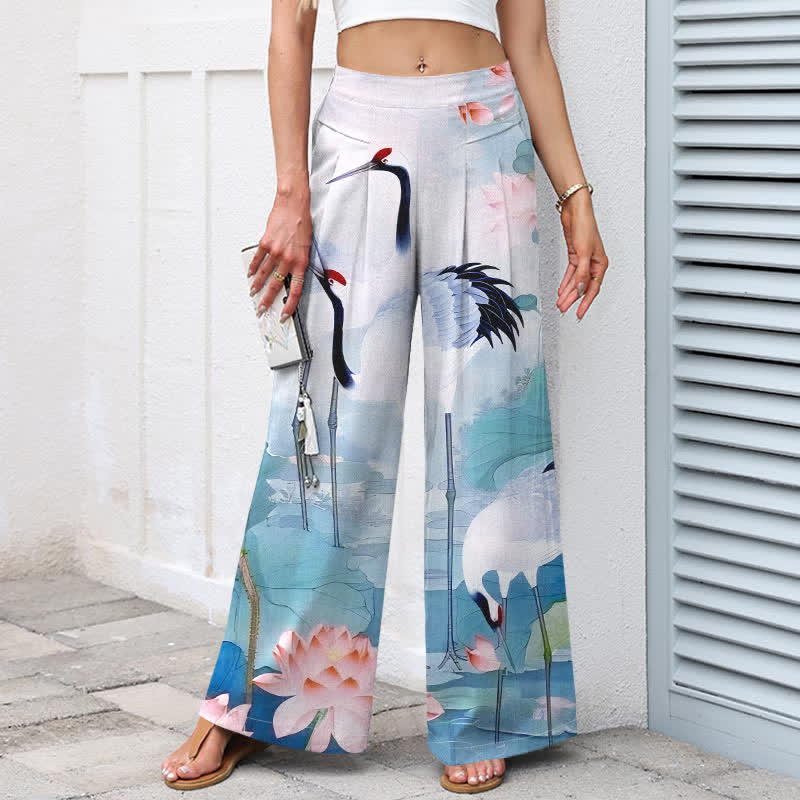 Buddha Stones Pantalon large en coton et lin à motif grues et lotus pour femme, avec taille élastique et poches - image 7
