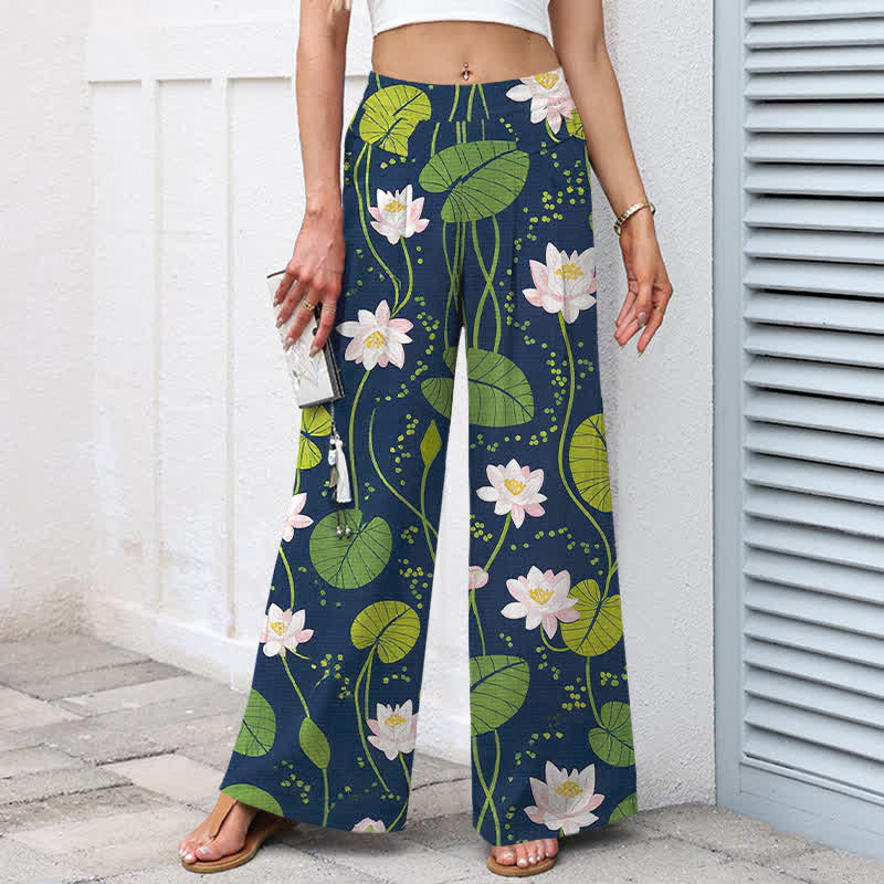 Buddha Stones Pantalon large à taille élastique et poches pour femme, en coton et lin, motif feuilles de lotus vertes - image 1