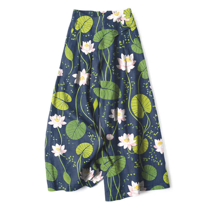 Buddha Stones Pantalon large à taille élastique et poches pour femme, en coton et lin, motif feuilles de lotus vertes - Marine - US16，UK/AU20，EU48 (3XL) - image 0