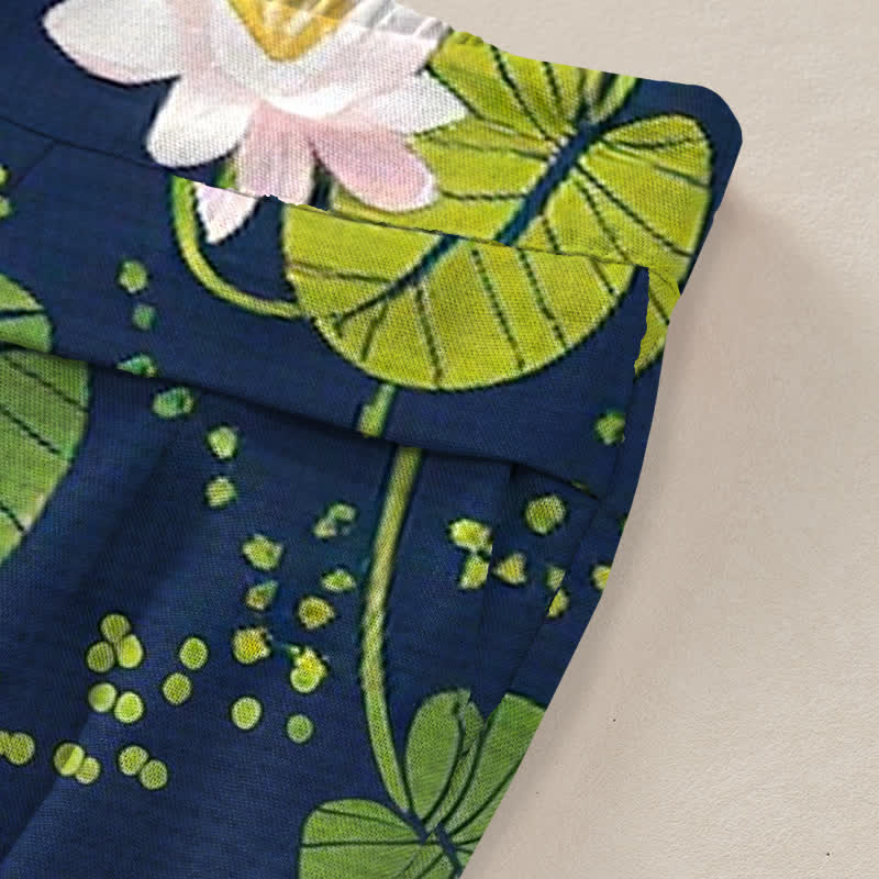 Buddha Stones Pantalon large à taille élastique et poches pour femme, en coton et lin, motif feuilles de lotus vertes - image 2