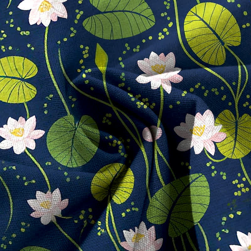 Buddha Stones Pantalon large à taille élastique et poches pour femme, en coton et lin, motif feuilles de lotus vertes - image 3