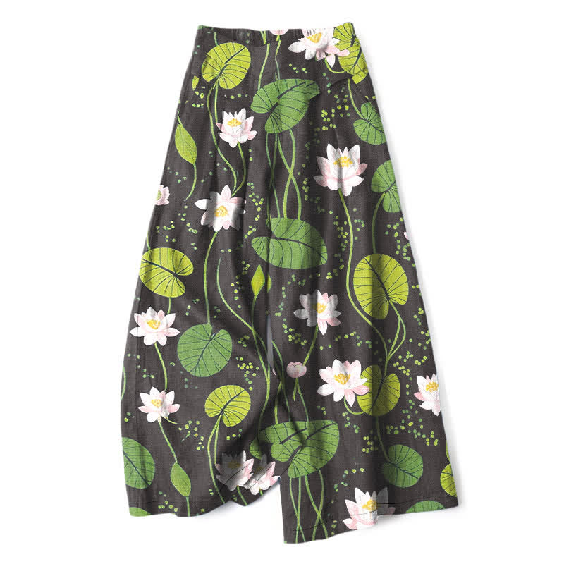 Buddha Stones Pantalon large à taille élastique et poches pour femme, en coton et lin, motif feuilles de lotus vertes - Noir - US16，UK/AU20，EU48 (3XL) - image 4