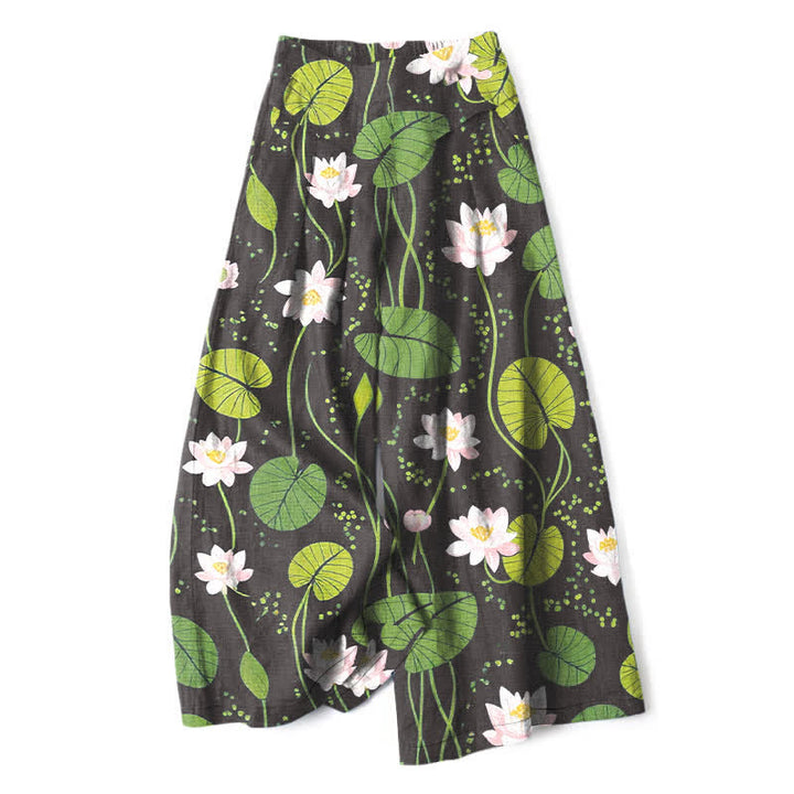 Buddha Stones Pantalon large à taille élastique et poches pour femme, en coton et lin, motif feuilles de lotus vertes - Noir - US16，UK/AU20，EU48 (3XL) - image 4