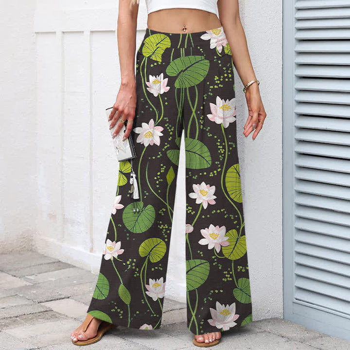 Buddha Stones Pantalon large à taille élastique et poches pour femme, en coton et lin, motif feuilles de lotus vertes - image 5