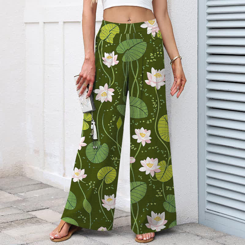 Buddha Stones Pantalon large à taille élastique et poches pour femme, en coton et lin, motif feuilles de lotus vertes - image 7