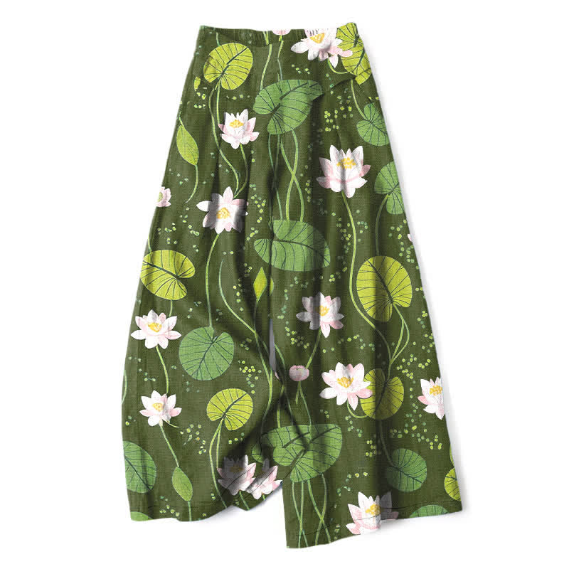 Buddha Stones Pantalon large à taille élastique et poches pour femme, en coton et lin, motif feuilles de lotus vertes - Vert olive - US16，UK/AU20，EU48 (3XL) - image 6