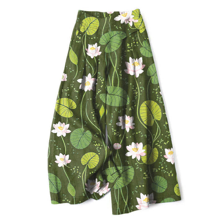 Buddha Stones Pantalon large à taille élastique et poches pour femme, en coton et lin, motif feuilles de lotus vertes - Vert olive - US16，UK/AU20，EU48 (3XL) - image 6