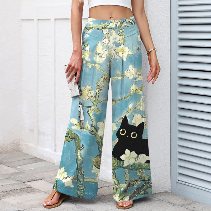 Buddha Stones Pantalon large à taille élastique et poches pour femme, en coton et lin bleu à motif floral chat. - image 1