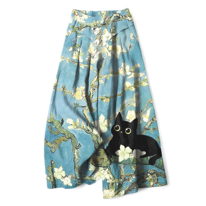 Buddha Stones Pantalon large à taille élastique et poches pour femme, en coton et lin bleu à motif floral chat. - Turquoise pâle - US16，UK/AU20，EU48 (3XL) - image 0