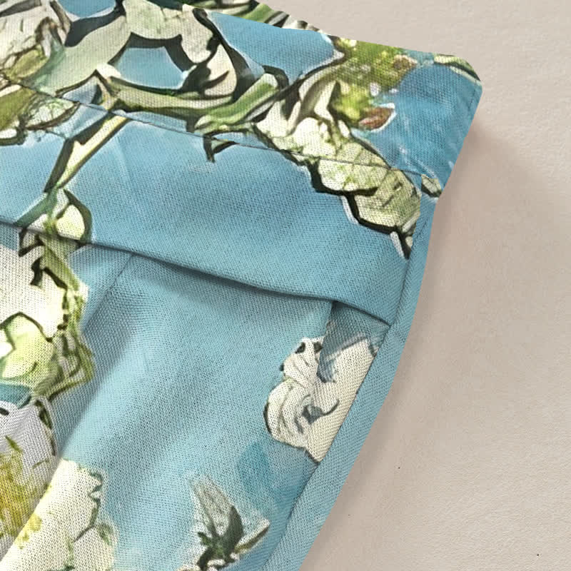 Buddha Stones Pantalon large à taille élastique et poches pour femme, en coton et lin bleu à motif floral chat. - image 2