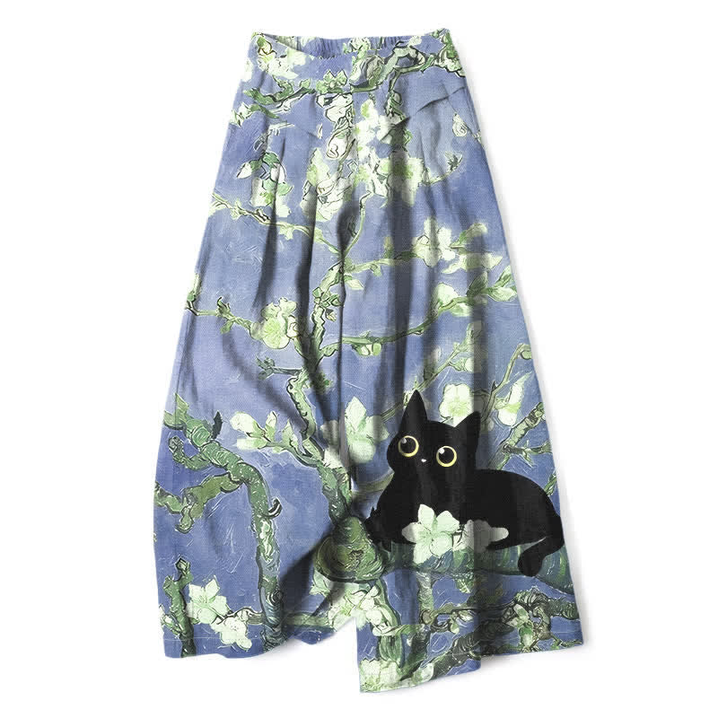 Buddha Stones Pantalon large à taille élastique et poches pour femme, en coton et lin bleu à motif floral chat. - Bleu ardoise moyen - US16，UK/AU20，EU48 (3XL) - image 4