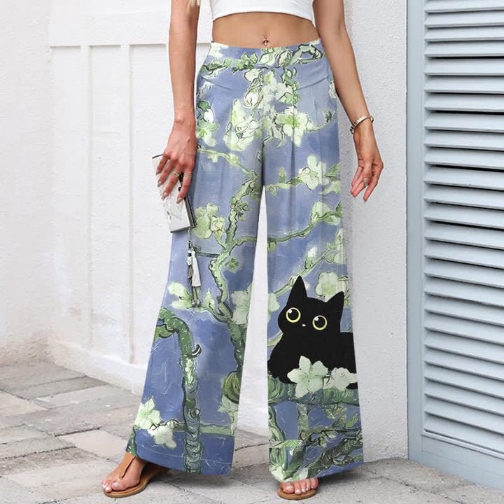 Buddha Stones Pantalon large à taille élastique et poches pour femme, en coton et lin bleu à motif floral chat. - image 5