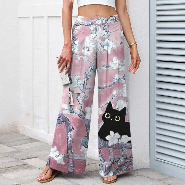 Buddha Stones Pantalon large à taille élastique et poches pour femme, en coton et lin bleu à motif floral chat. - image 7