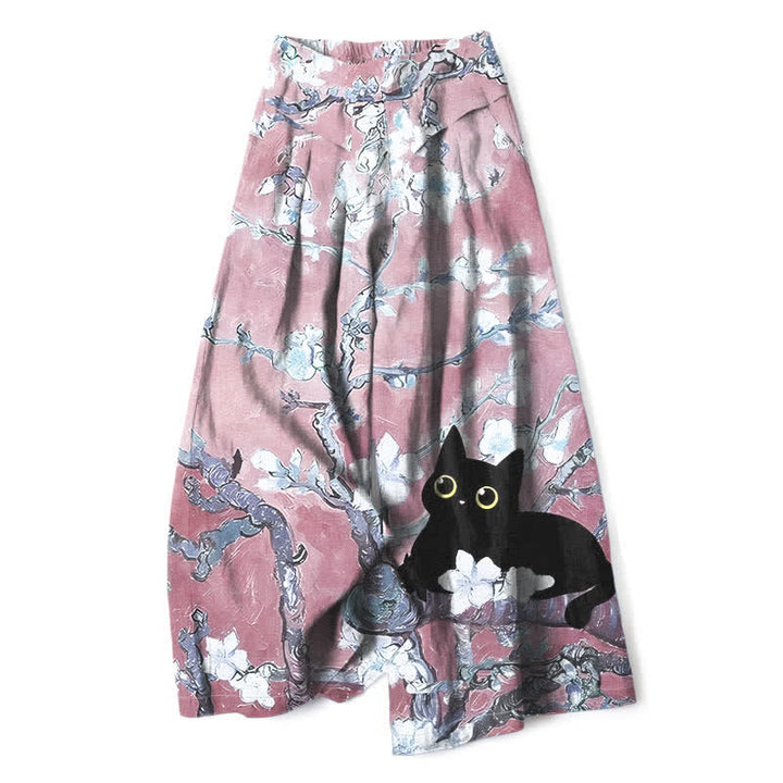 Buddha Stones Pantalon large à taille élastique et poches pour femme, en coton et lin bleu à motif floral chat. - Rose clair - US16，UK/AU20，EU48 (3XL) - image 6