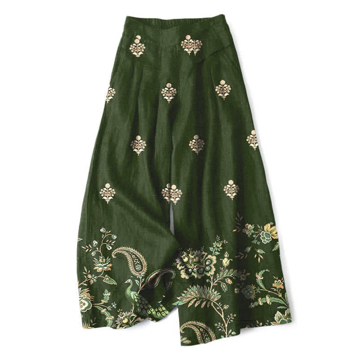 Buddha Stones Pantalon large pour femme en coton et lin, motif floral bohème cachemire, taille élastique et poches - Vert olive foncé - US16，UK/AU20，EU48 (3XL) - image 0