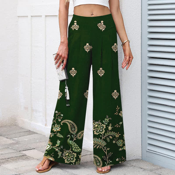Buddha Stones Pantalon large pour femme en coton et lin, motif floral bohème cachemire, taille élastique et poches - image 1