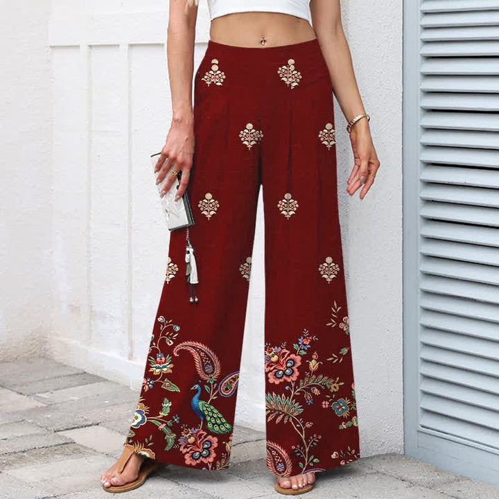 Buddha Stones Pantalon large pour femme en coton et lin, motif floral bohème cachemire, taille élastique et poches - image 5