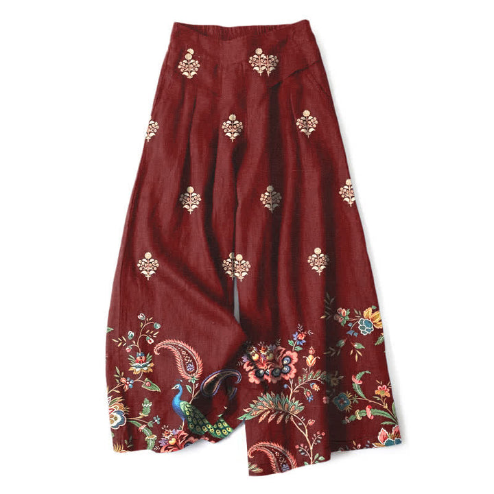 Buddha Stones Pantalon large pour femme en coton et lin, motif floral bohème cachemire, taille élastique et poches - Bordeaux - US16，UK/AU20，EU48 (3XL) - image 4