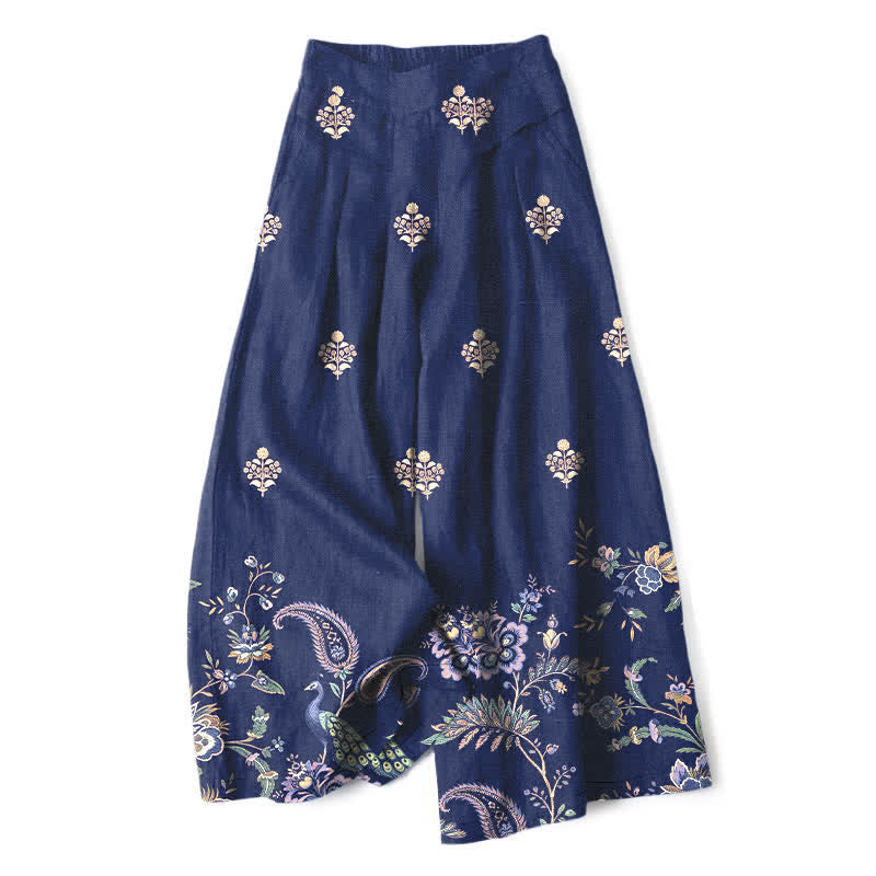 Buddha Stones Pantalon large pour femme en coton et lin, motif floral bohème cachemire, taille élastique et poches - Marine - US16，UK/AU20，EU48 (3XL) - image 6